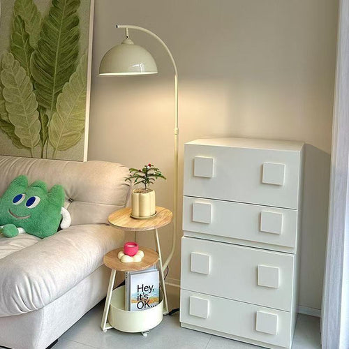 Floor lamp, cream-colored, integrated with living room sofa, coffee table, corner shelf, bedroom bedside table, vintage standing lamp.